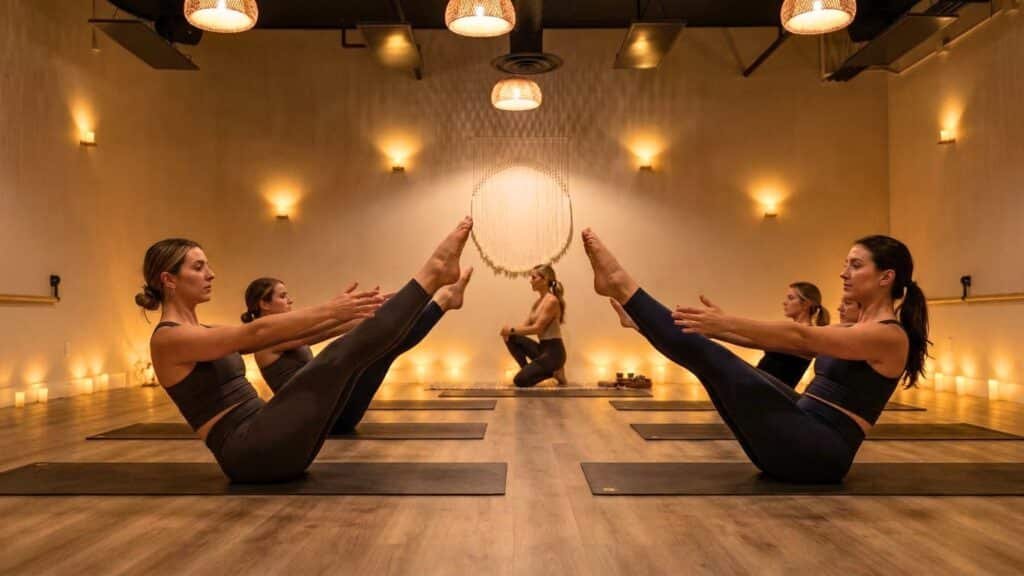 Students holding boat pose in Pilates or core class at Goji Yoga & Wellness Oakville