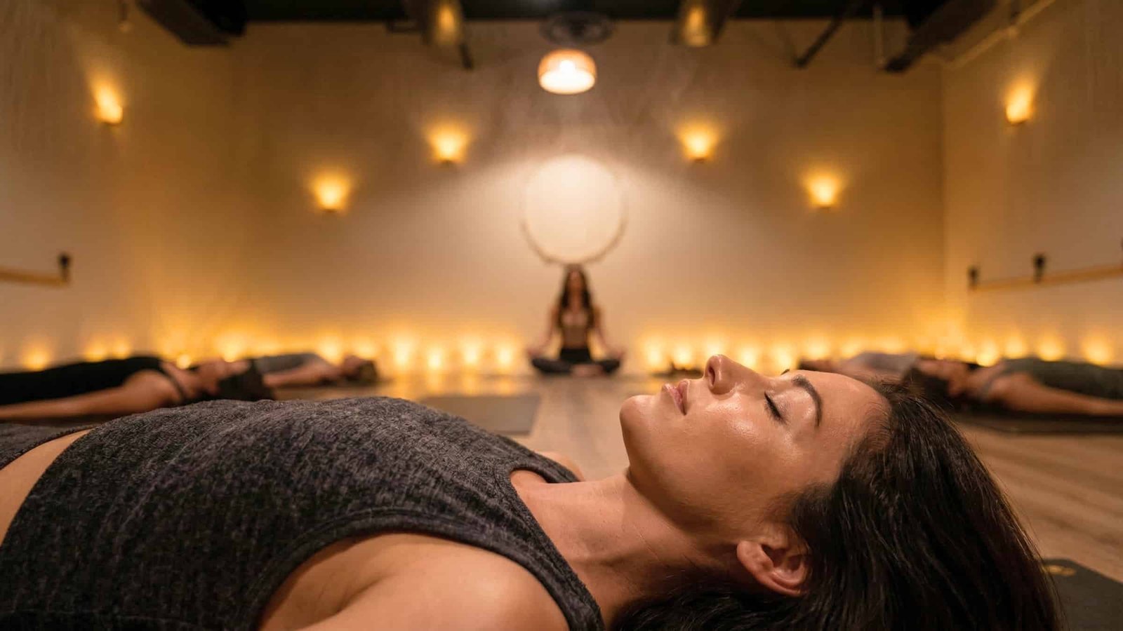 Student resting in candlelight restorative yoga class at Goji Yoga & Wellness Oakville