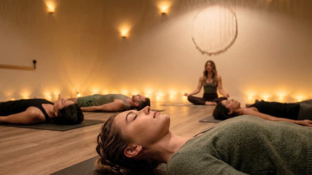 A student resting during candlelight restorative yoga at Goji Yoga & Wellness in Oakville.