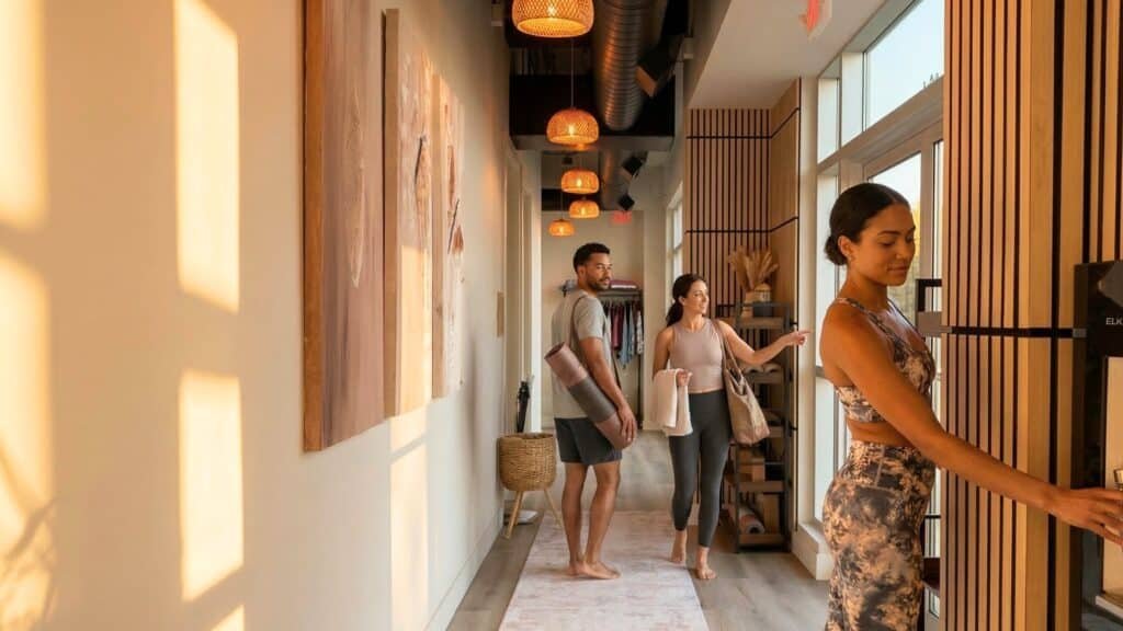 Members near the check-in area at Goji Yoga & Wellness in Oakville