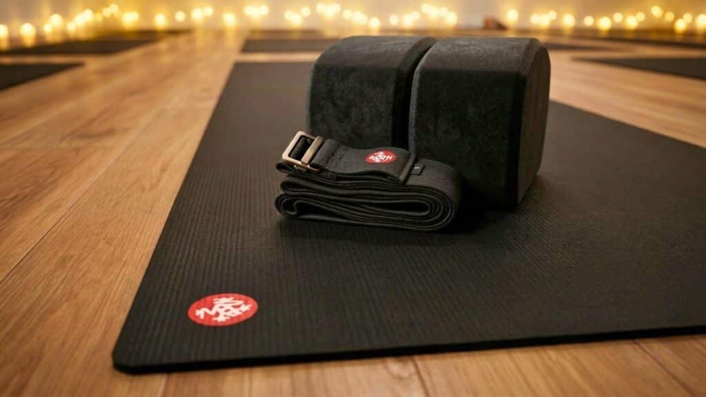Yoga blocks and strap on mat at Goji Yoga & Wellness in Oakville
