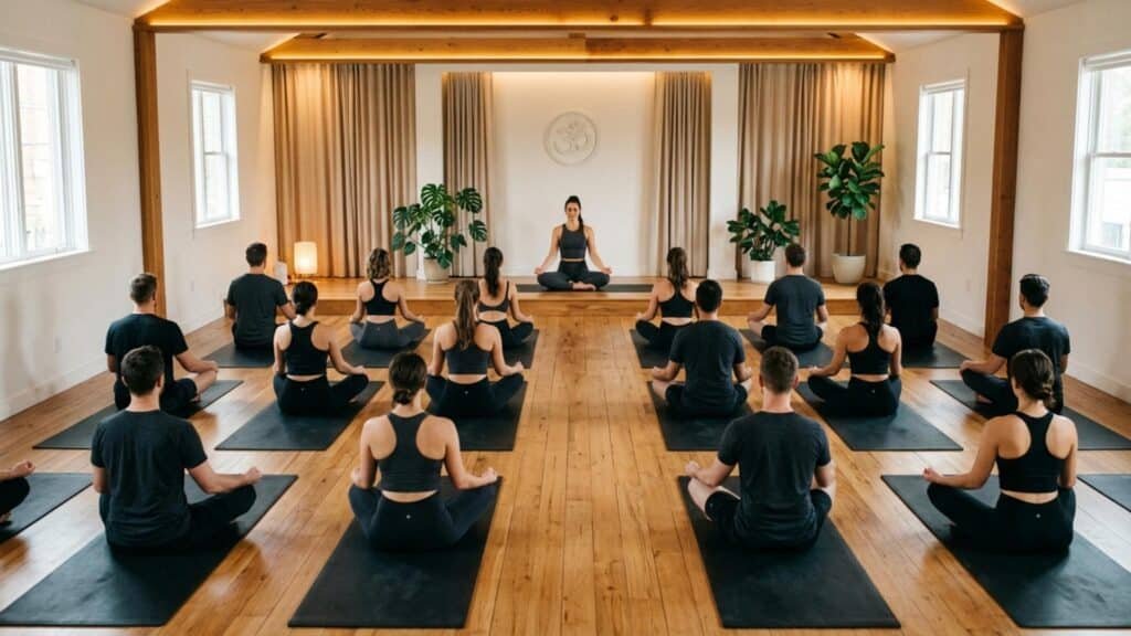 Boutique yoga studio in Oakville with evenly spaced mats and a calm symmetrical layout designed for mindful yoga practice.