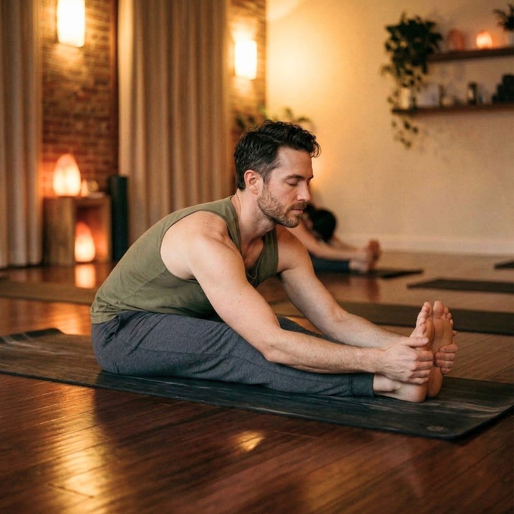 Participant performing seated forward stretch during mobility and flexibility yoga class at Goji Yoga & Wellness Oakville