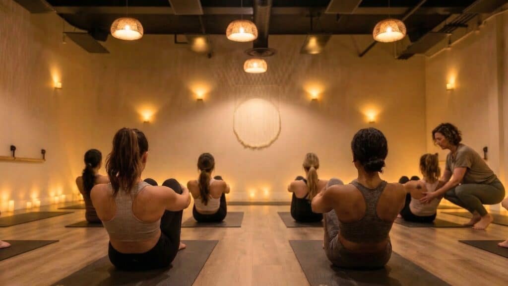 Boutique yoga studio interior with calm atmosphere and guided group class experience
