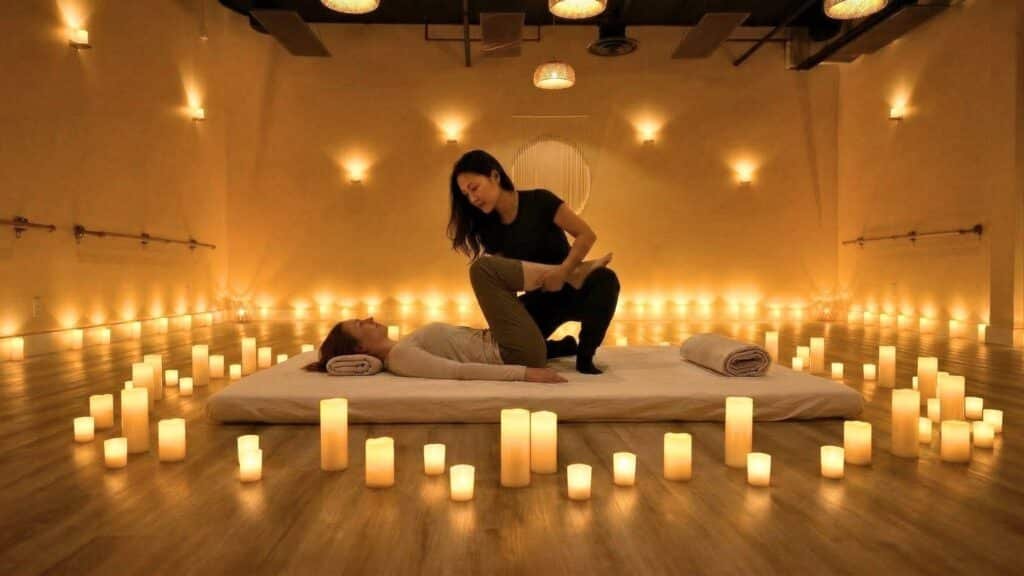 thai massage therapy session in candlelit wellness studio