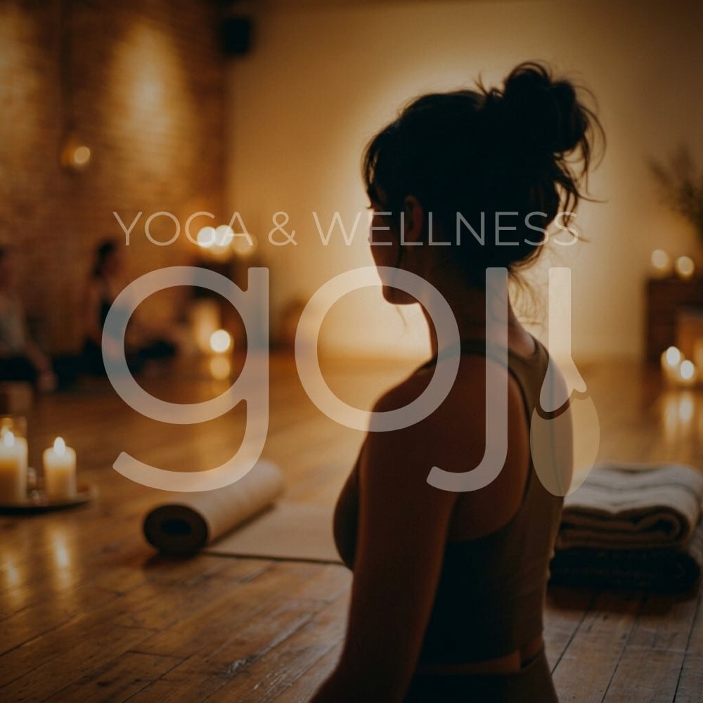 Boutique yoga teacher silhouette in warm ambient studio lighting representing Goji Yoga & Wellness instructors