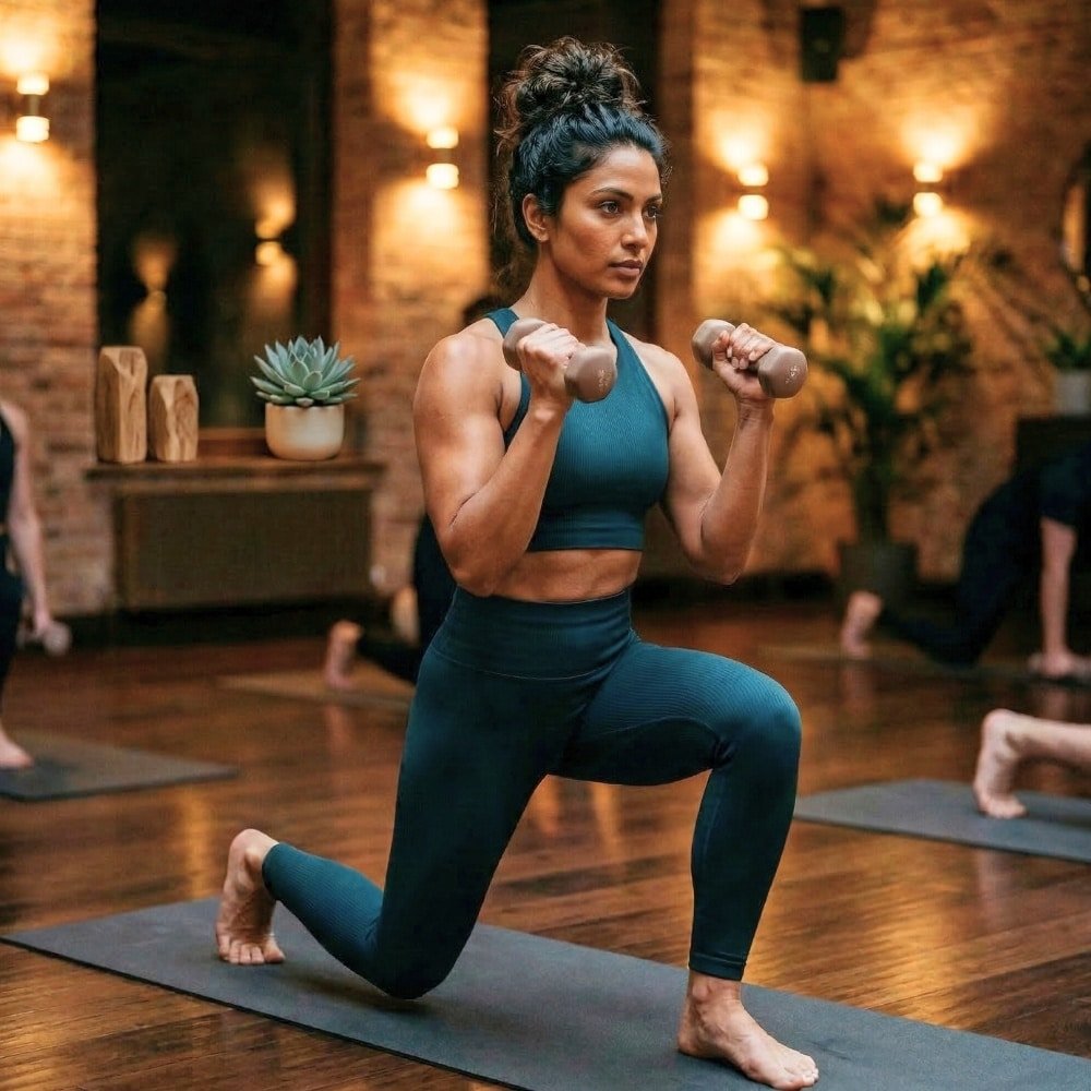 Woman performing powerful yoga lunge pose during a dynamic power flow yoga class at Goji Yoga & Wellness studio in Oakville