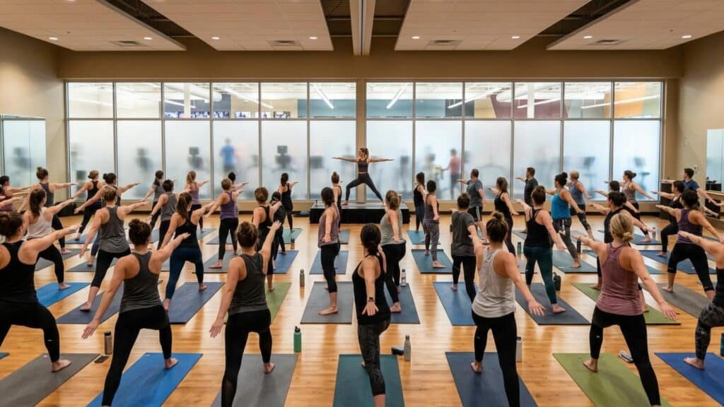 Large group yoga class in a bright studio setting showing a high-capacity fitness-style environment in Oakville