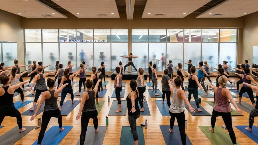 Large group yoga class in a gym style studio showing crowded mats and high energy workout environment typical of large yoga studios in Oakville.