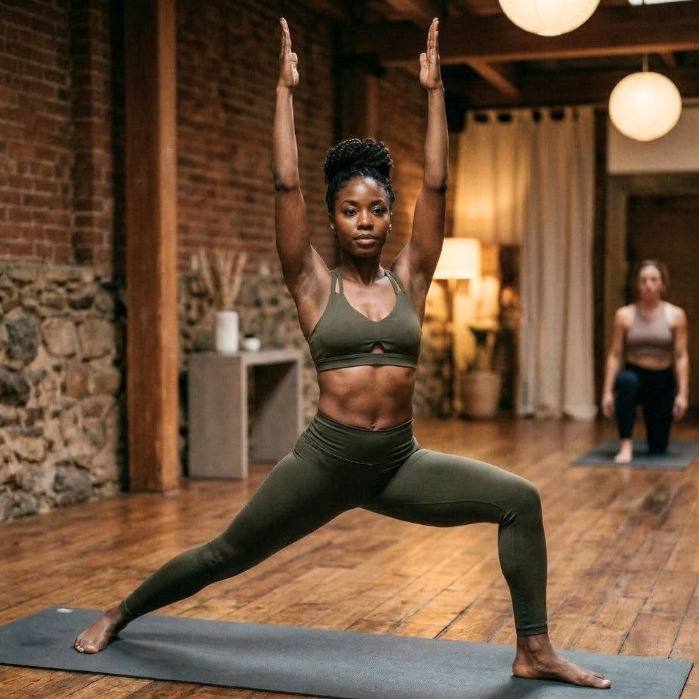 Woman performing weighted lunge exercise during hot sculpt strength class at Goji Yoga & Wellness Oakville