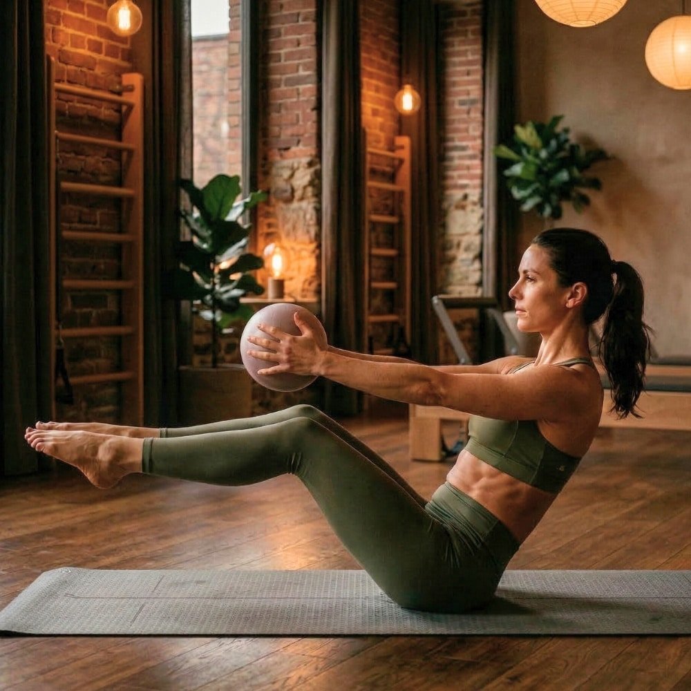 Woman performing pilates core exercise with pilates ball during power pilates class at Goji Yoga & Wellness Oakville