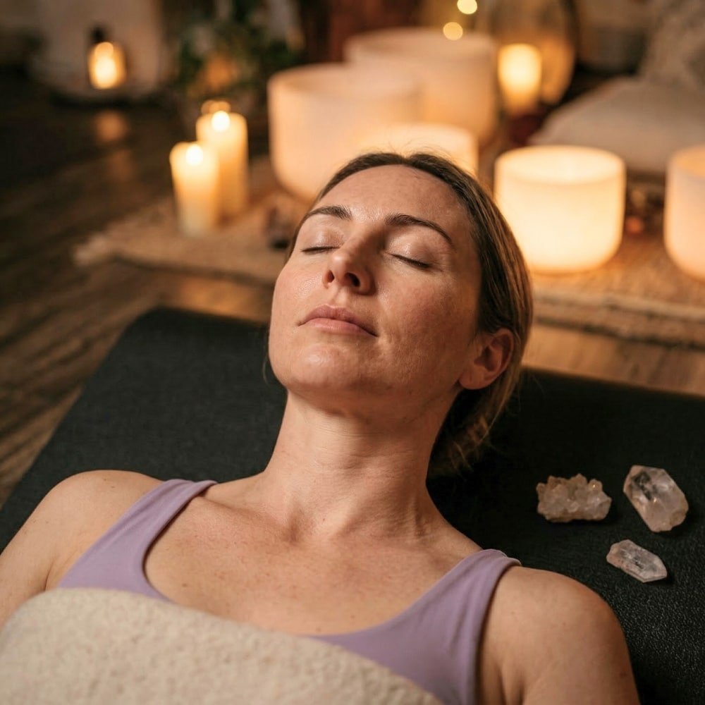 Woman relaxing during meditation and soundbath wellness session at Goji Yoga & Wellness studio in Oakville