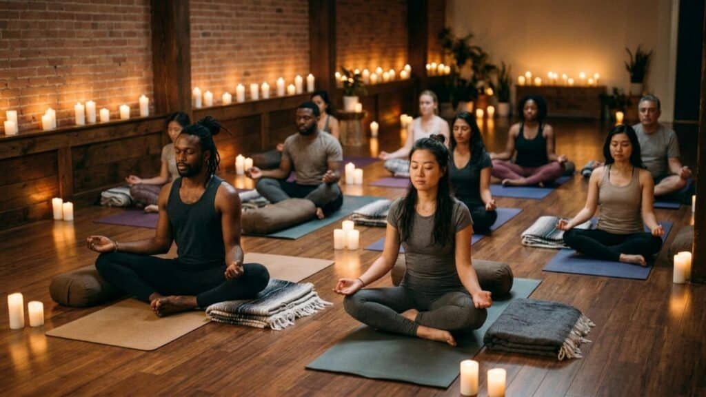 Yin yoga candlelight class in a calm boutique yoga studio in Oakville designed for relaxation, mindfulness, and deep stretch practice.